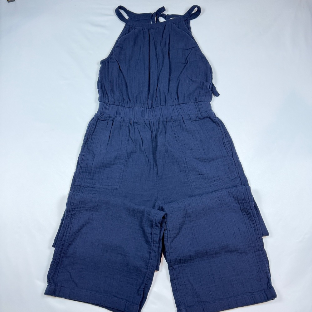 LOFT Outlet Jumpsuit Womens M Navy Textured Cotton Halter Wide Leg